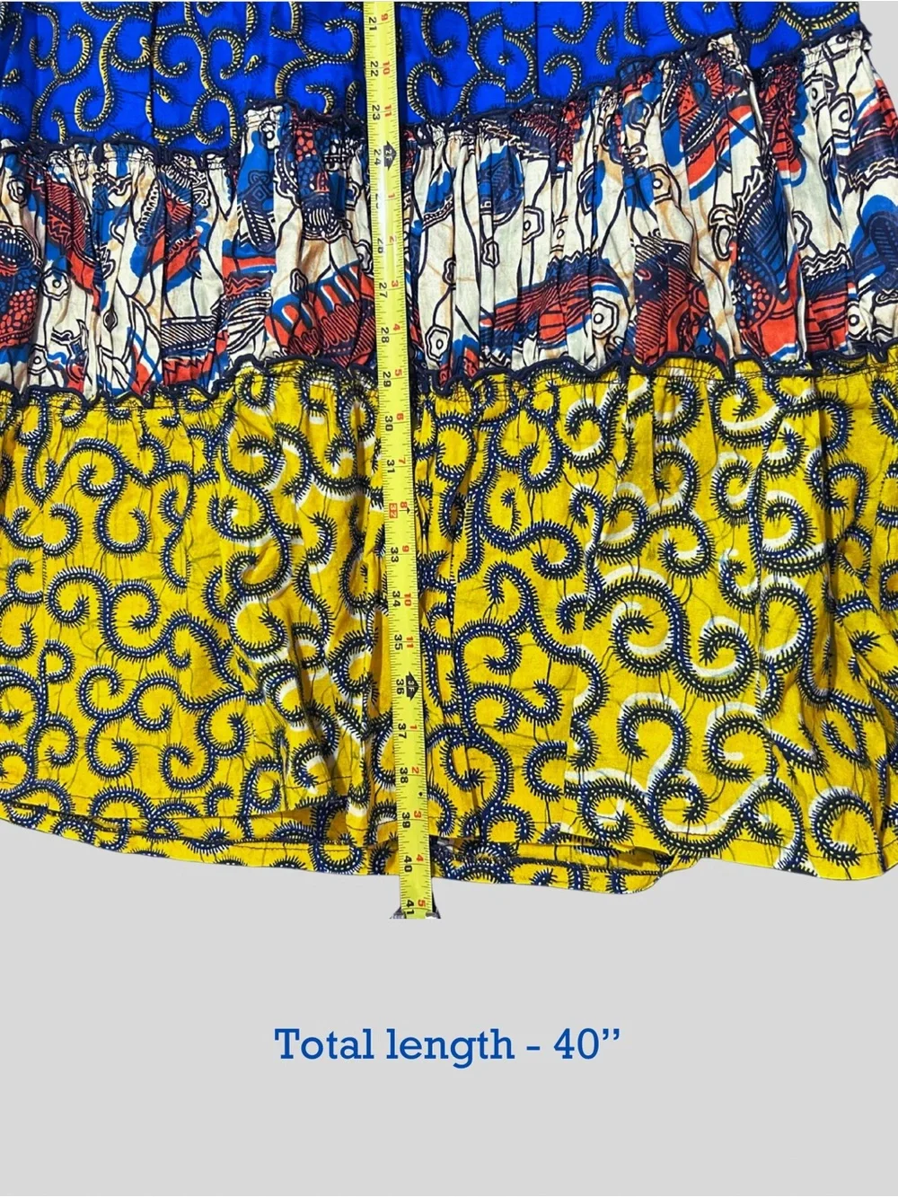 Boho Strapless Patchwork Midi Dress • Blue, Yellow & Pink African textile design - Picture 5 of 5